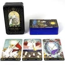 Муза кота Таро 78 карт у жерстяній коробці з синій позолоти. Muse cat Tarot cards. Карти Таро.